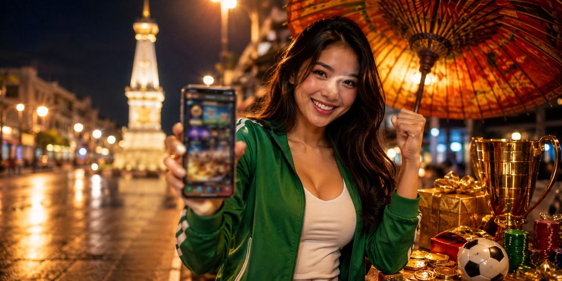 Model perempuan Vietnam memegang ponsel sambil mengikuti taruhan olahraga dengan penuh percaya diri