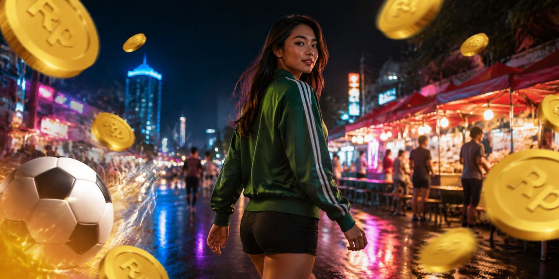 Suasana malam yang meriah dengan layar taruhan olahraga di pasar malam Asia